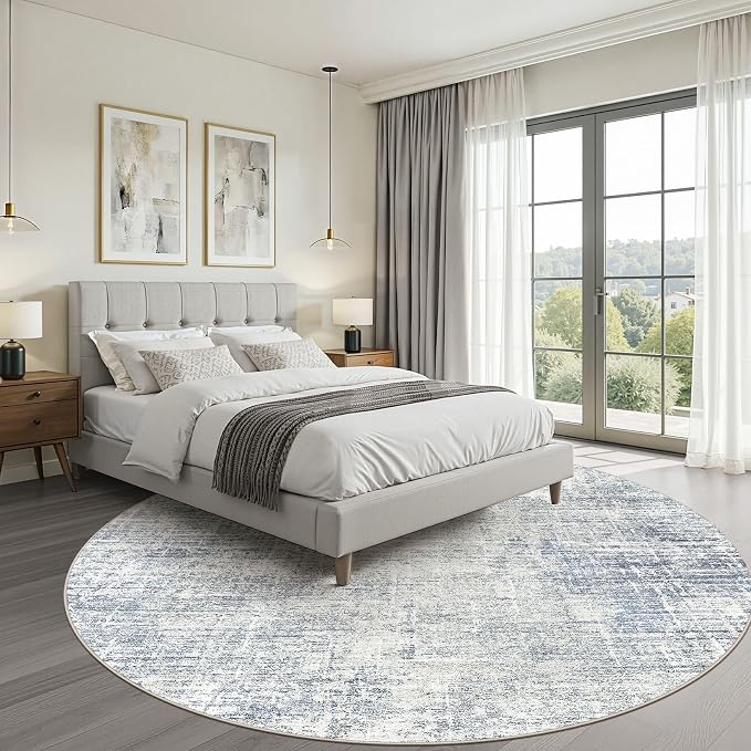 10ft Round Rug Living Room: 10x10 Washable Large Neutral Blue Circle Area Rug Abstract Soft Modern Stain Resistant Indoor Floor Non-Slip Carpet for Bedroom Nursery Kids Office Playroom Dining Room