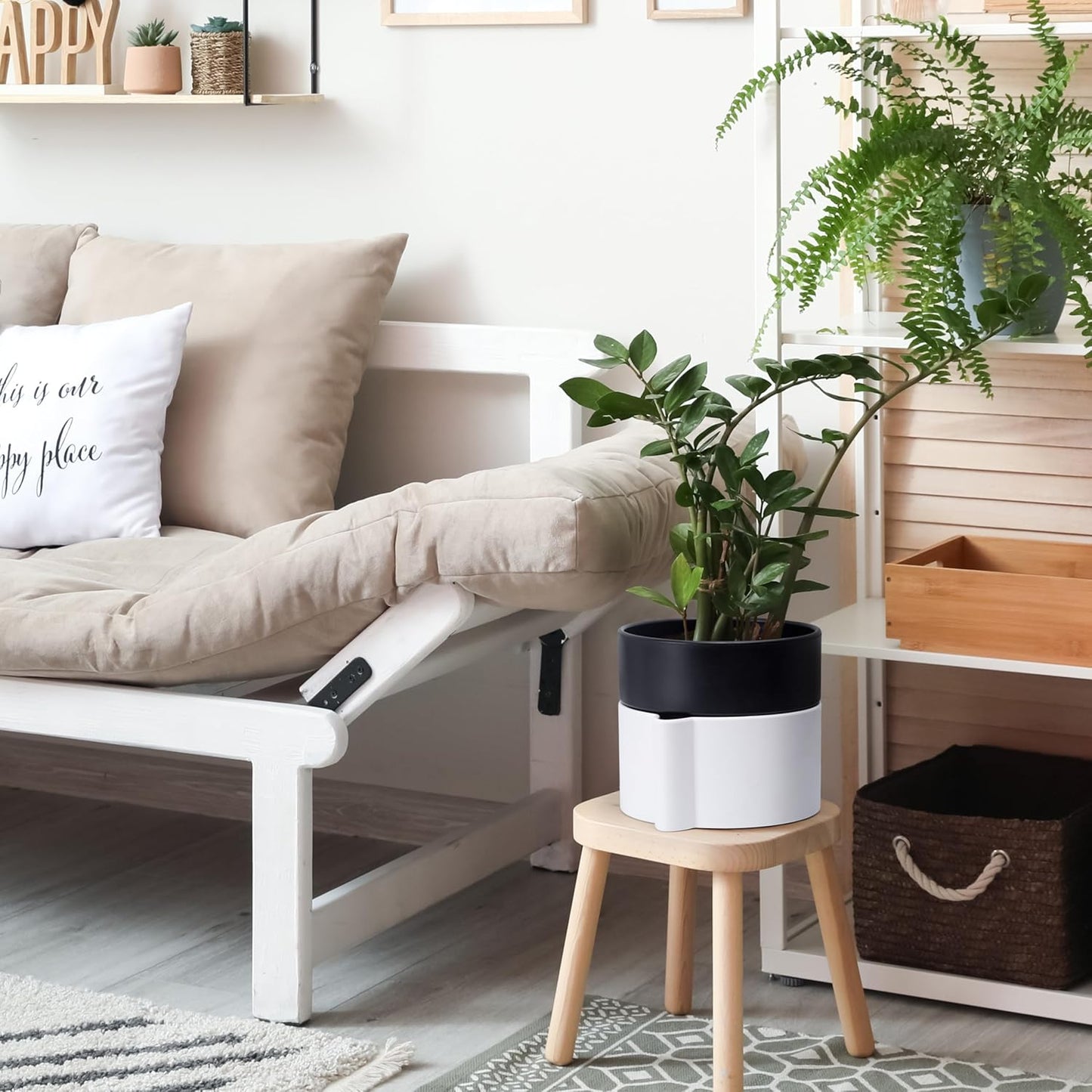 8 Inch Self-Watering Planter Pot with Terracotta Insert, Deep Water Reservoir, and Ceramic-Alike BPA-Free Plastic Planter Pot for Plant, Modern Planter for Houseplants, White/Black, 53-B-T-4