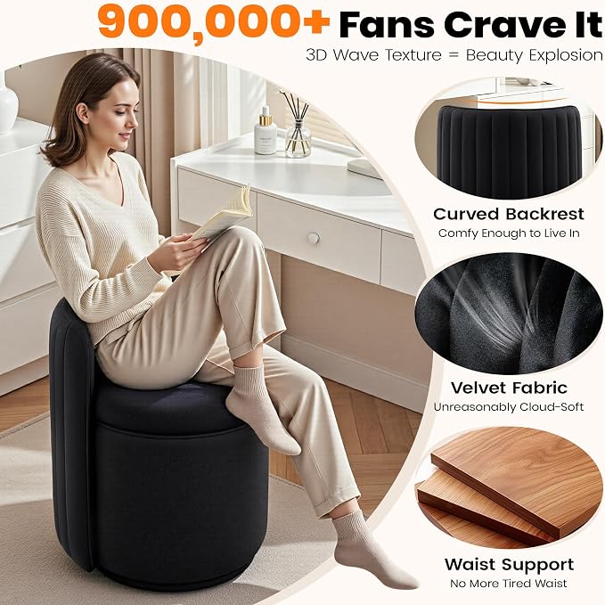 Vanity Chair with Storage, 360° Swivel Velvet Makeup Stool with Wave Backrest, Modern Round Upholstered Closet Stool, No Assembly for Bedroom, Dressing Room & Living Room, Black