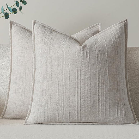 a moment Linen Pillow Covers Set of 2,Boho Farmhouse Throw Pillowcases Neutral Textured Decorative Covers for Couch Sofa,Linen Blend Accent Case Cushion Living Room Home Decor 26"x26" Ivory