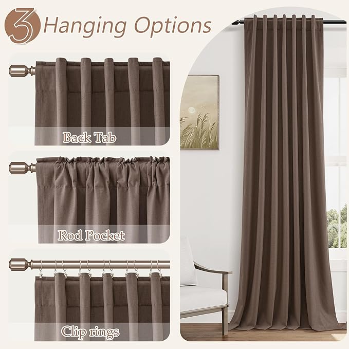 Guken 100% Blackout Curtains 120 Inch Length 2 Panels Set for Living Room Bedroom Back Tab Thermal Insulated Black Out Linen Drapes Room Darkening Mocha Mousse,52x120
