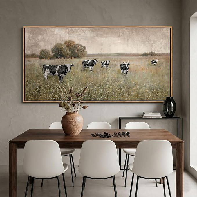 YDYSUNE Large Cow Pasture Wall Art - Rustic Landscape Canvas Print,Beige and Black Farm Animal Framed Picture,Grazing Cows Painting for Living Room Bedroom Country Kitchen Decor Artwork 29×58inch