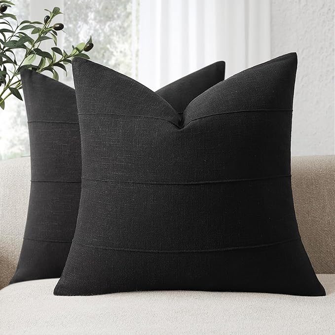 ZWJD Decorative Linen Throw Pillow Covers 18x18 Set of 2 Solid Handcrafted Striped Cushion Covers for Bed Soft Modern Farmhouse Neutral Pillowcase for Couch Bedroom Living Room Home Decor(Black)