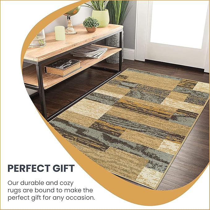 SUPERIOR Indoor Runner Rug, Jute Backed, Modern Geometric Patchwork Floor Decor for Bedroom, Office, Living Room, Entryway, Hardwood Floors, Rockwood Collection, 2' 7" x 10', Light Blue-Beige