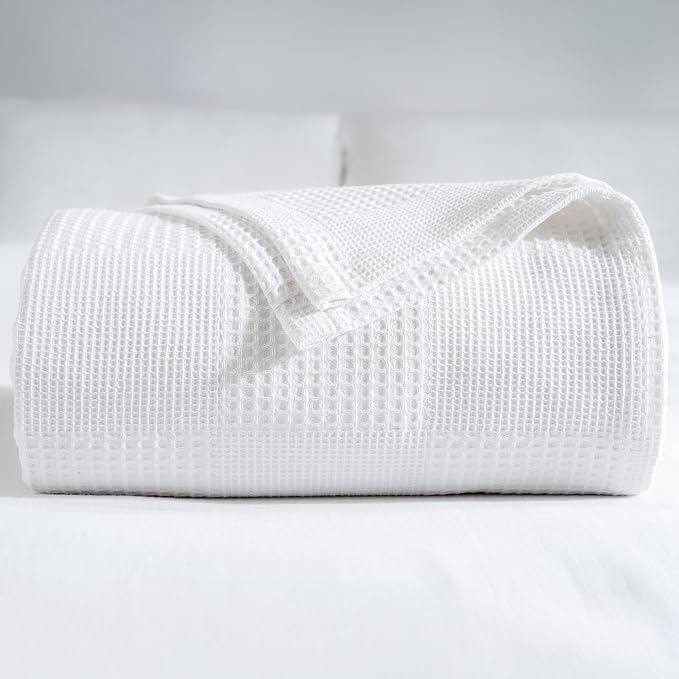 100% Turkish Cotton Blanket Queen Size Waffle Weave Blankets, Made in Turkiye, Light Airy Throw Bedspread (White, Queen Size Blanket 90 x 90 inch)