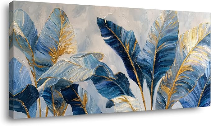 Ggaafet Navy Blue Leaves Wall Art for Living Room Canvas Painting Prints Botanical Boho Abstract Gold Leaf Art Deco Modern Artwork Office Bedroom Family Dining Room Decor Extra Large