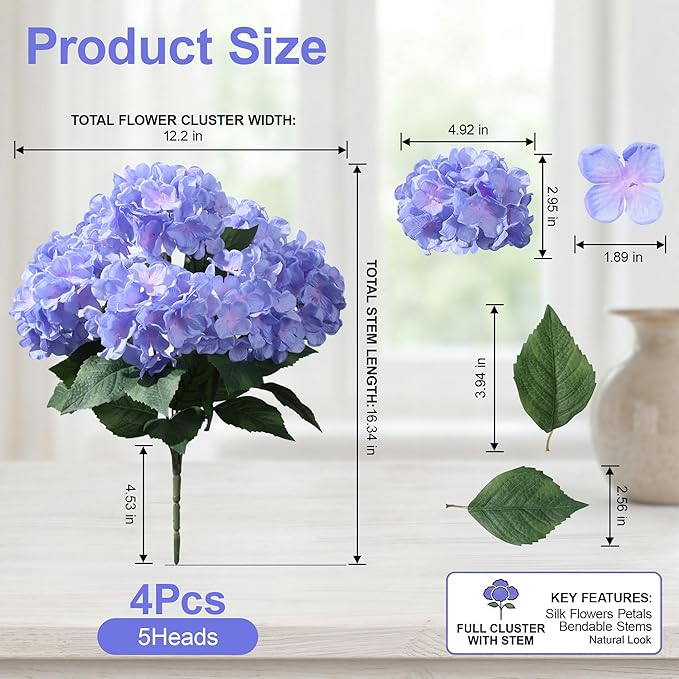 Ivydale Artificial Flowers for Outdoors, 4 PCS Purple Blue Fake Silk Hydrangea Flower Stems for Bouquets UV Resistant Realistic Faux Plants Home Outdoor Wedding Party Centerpieces Decor