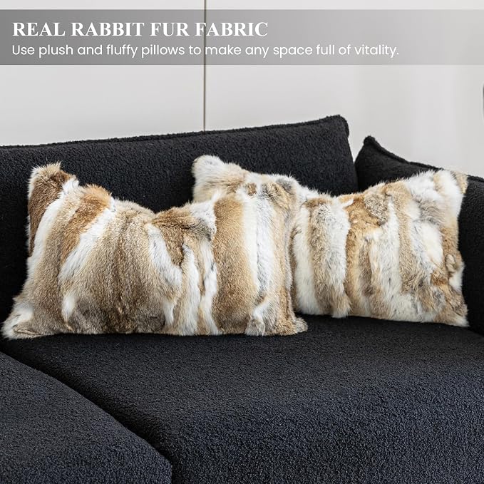 MOOX Rabbit Fur Pillow Covers Set of 2 Fur Throw Lumbar Decorative Pillow Fuzzy Soft Fluffy Genuine Animal Skin 12"x20" Sofa Couch Bed Cover, Couch-Yellow White