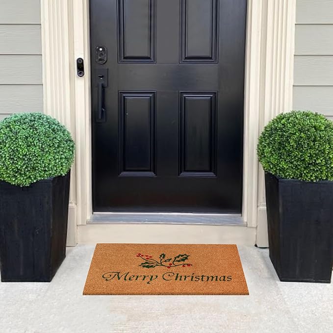 A1HC Natural Coco Coir Door Mat Merry Christmas with Heavy Duty Non-Slip PVC Backing - 18" x 30" - Easy to Clean, Holiday Welcome Mat for Home, Low-Profile Durable Doormat