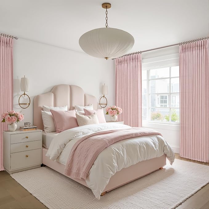 Light-Pink Floor to Ceiling Semi Sheer Extra Long Curtains 108 Inches Length for Office, Pinch Pleat Linen Light-Filtering Privacy Curtain That Let Light in Sunroom Baby Pink 108 Inch Drapes 2 Panels