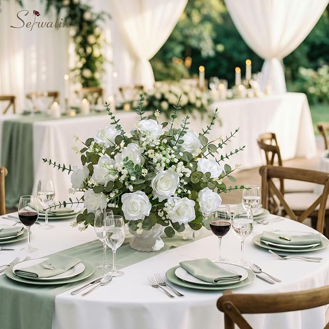 Serwalin 120 Pcs Mixed Eucalyptus Greenery Stems, White Silk Roses and Babys Breath Artificial Flowers for DIY Wedding Bouquets Home Party Arrangement Floral Vase Decor