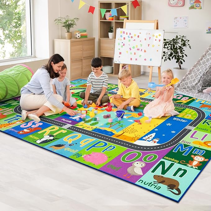 HOMORE Kids Rug, 7x10 ABC Rugs for Playroom Educational Rug for Childerns, Kids Area Rugs for Learning Alphabet, Numbers, Colors, Season and Animal Words, Large Carpet for School Classroom,Green