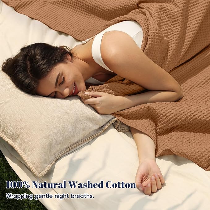 PHF Pre-Washed Cotton Waffle Weave Blanket Queen Size for Bed,Snag Proof Throw Blanket for Couch Spring Summer Lightweight Breathable,Oeko-TEX Certified,Machine Washable,Home Decor Gift-Cinnamon Brown