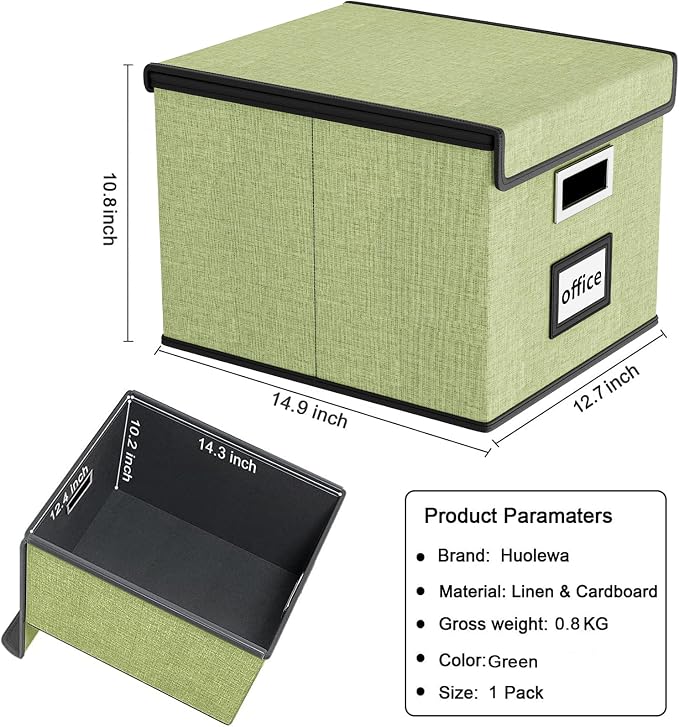 File Organizer Box with Lid, Collapsible File Folder Organizer for Office Document Storage, Filing Box with Plastic Slide for Letter Size Hanging File Folders(1 Pack, Green)
