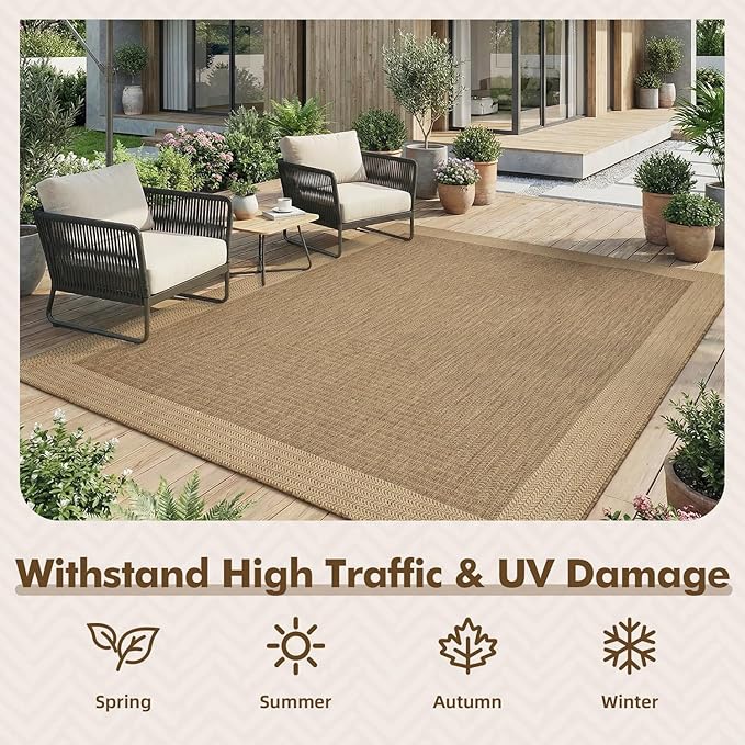 MontVoo-Outdoor Rug-Patio Rug 8x10 ft Polypropylene Indoor Outdoor Rugs Outdoor Carpet for Patio Deck Balcony Porch, Textured Weave, Durable for High Traffic, Fade-Resistant, Modern Neutral Brown