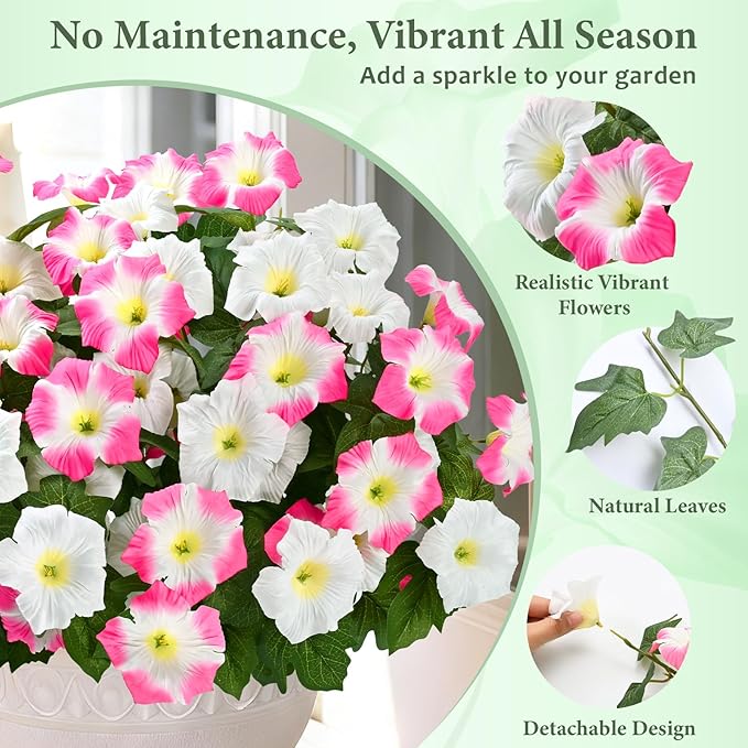 MARTINE MALL Artificial Flowers for Outdoors, 4 Bundles Realistic Fake Outdoor Flowers, UV Resistant Silk Petunia Flower for Outside Look Real Faux Flower Plants for Outdoor Porch Decor, Pink White