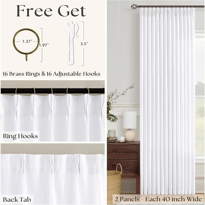 White Linen Curtains 108 Inches Long Pinch Pleated for Living Room 2 Panels Boho Farmhouse Thick Linen Textured Pinch Pleat Drapes Hooks Rings Back Tab Extra Long 108 Inch Curtain for Dining Bedroom
