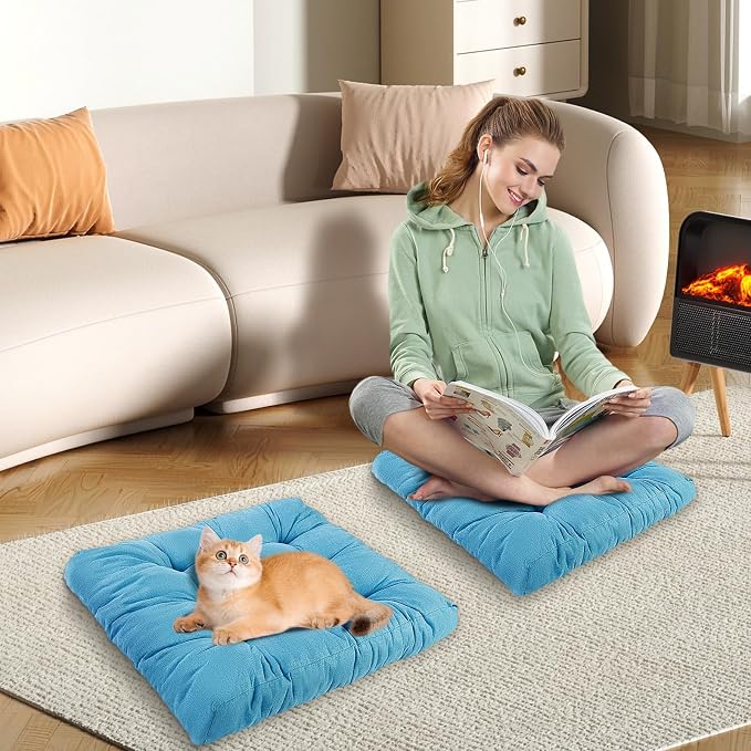 Meditation Floor Cushions, Thickened Floor Pillow for Adults, Large Square Pillows Seat Cushion for Tatami Living Room Yoga, Memory Sponge Block Added, 22x22 Inch, Light Blue