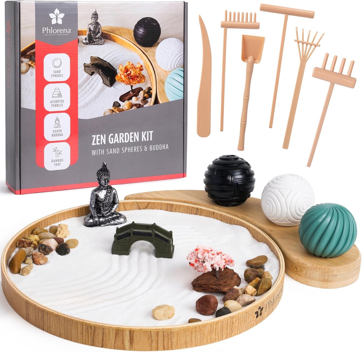 Zen Garden for Desk – Mini Zen Garden Kit for Calming Stress & Relaxing - Japanese Sand Box with Tray, Buddha, Tree, Sand, Rakes, Pebbles & Balls – Sensory Relaxation Gift for Home & Office Decor