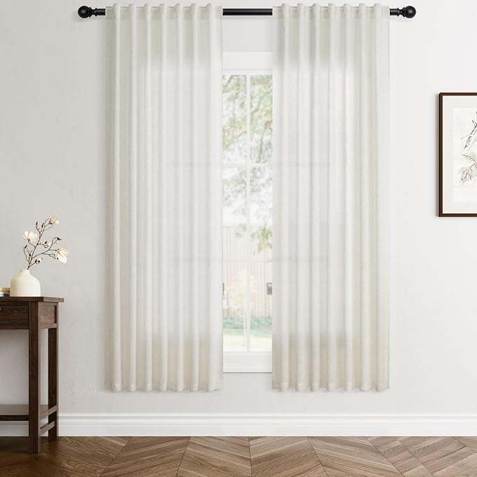 Jowels Natural Linen Curtains 63 Inch Long 2 Panels for Living Room | Ivory Light Filtering Sheer Curtain,Back Tab Pocket Pleated Look,Modern Farmhouse Textured Privacy Drapes for Bedroom Window