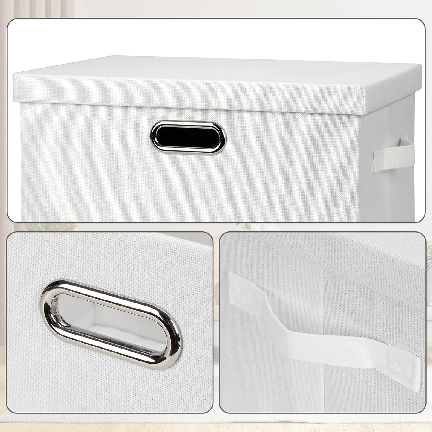 Large 17" 36 Quart Collapsible Stackable Storage Bins with Lids, 3 Packs White Linen Fabric Closet Boxes with Lids, Storage Cube Baskets Container Organizers for Bedroom Office(17 x12 x11)