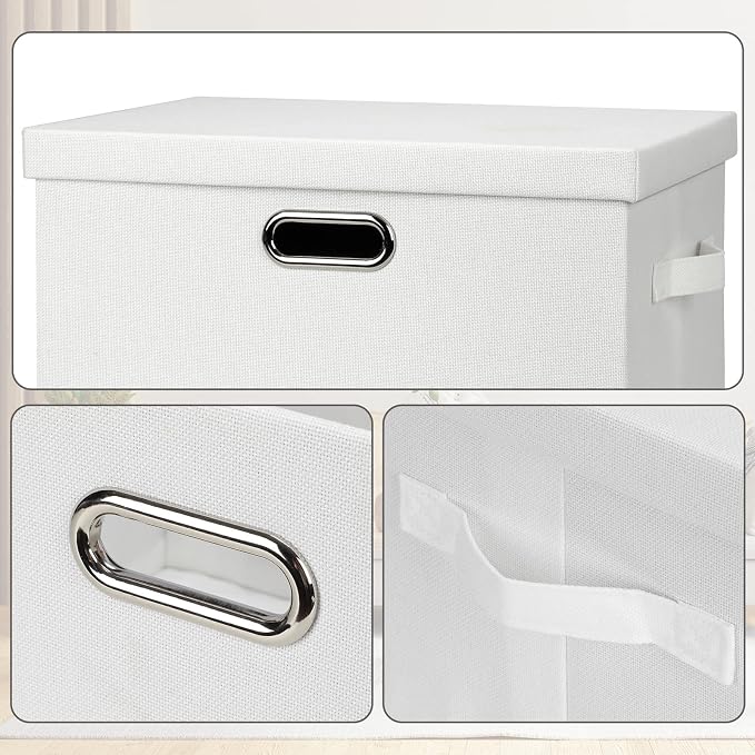 Graciadeco Large 17" 36 Quart Collapsible Stackable Storage Bins with Lids, 5 Packs White Linen Fabric Closet Boxes with Lids, Storage Cube Baskets Container Organizers for Bedroom Office(17 x12 x11)