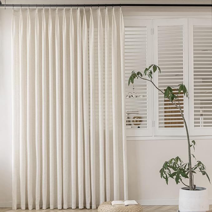 MAIHER 72 Inch Wide Pinch Pleated Curtains Light Filtering, Natural Linen Textured Pinch Pleat Drapes with Hooks Semi Sheer Window Curtains 84 Inch Length for Living Room 1 Panel, 72 W x 84 L