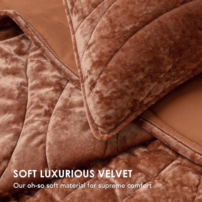 EverGrace Luxury Velvet Quilt King Size, Ultra Soft Wave Crushed Velvet Bedding Set, Lightweight Quilted Comforter Set for All Season, Oversized Bedspread Coverlet with 2 Shams, Burnt Orange