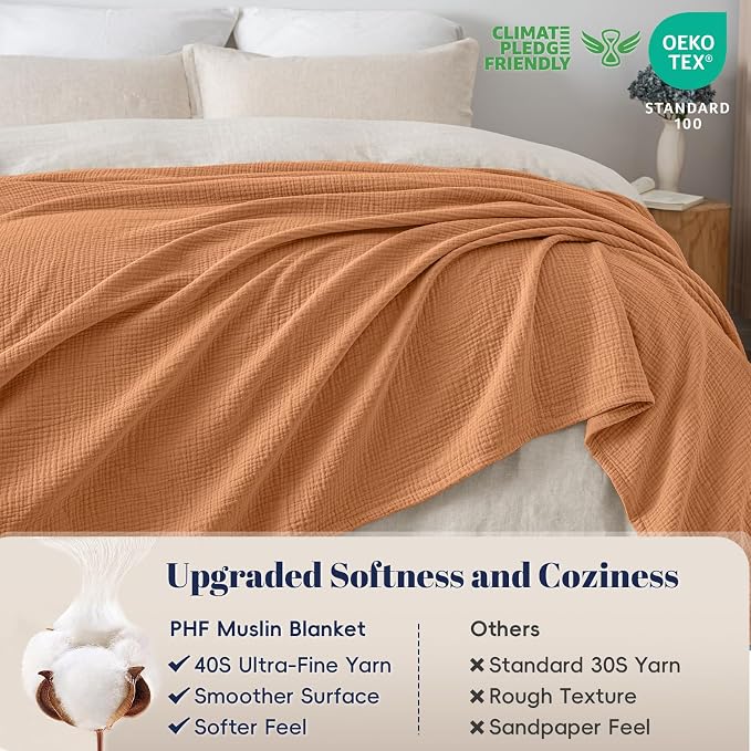 PHF 100% Cotton Muslin Blanket Queen Size 90"x90", 4-Layer Lightweight Gauze Throw, Breathable Cloud-Soft Minimalist Blanket for Bed, Couch, Camping, Caramel, Ideal Gift