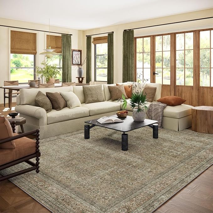 10x12 Area Rugs for Living room: Bedroom Rug Washable Vintage Stain Resistant Non Slip Low Pile Soft Lightweight Large Area Rug for Dining Room Under Table Kitchen Nursery Farmhouse Home Office