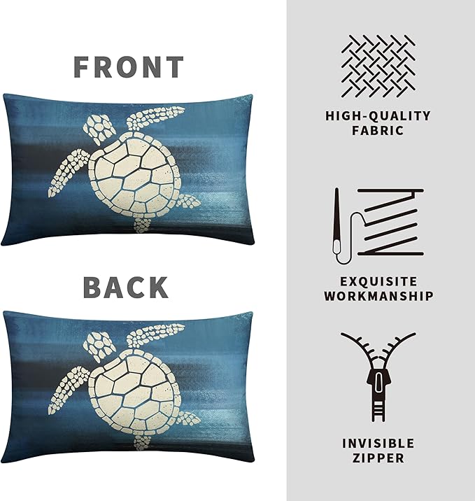 Starfish and Turtle Pillow Covers Sea Ocean Coastal Theme Rectangle Pillow Case 12x20 Beach Nautical Navy Blue Lumbar Throw Pillow Covers for Bedroom Living Room Sofa 2 Pack