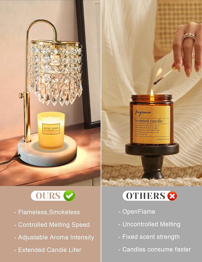 Candle Warmer Lamp with Timer Dimmable, Birthday Gifts for Women, Wax Melt Warmer for House Warming Gifts New Home Decor, Adjustable Height Crystal Candle Lamp for Jar Candles with 3 Bulbs, Gold