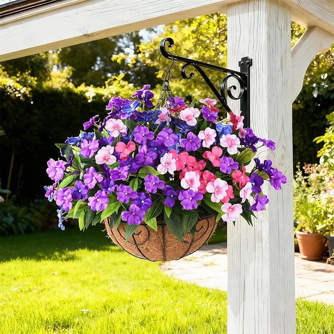 Artificial Impatiens Flowers for Outdoors, 6 Bundles Multicolor Silk Fake Flowers for Spring Summer Decoration, UV Resistant Faux Plants Plastic Bouquet for Home Planter Porch Patio Yard Decor