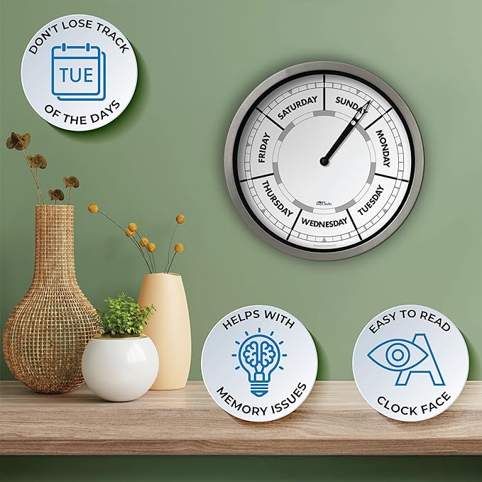 Classic Day of The Week Wall Clock - 10" Aluminum Frame, Ideal Retirement Gift for Men and Women, Day Clock for Seniors and Retirees