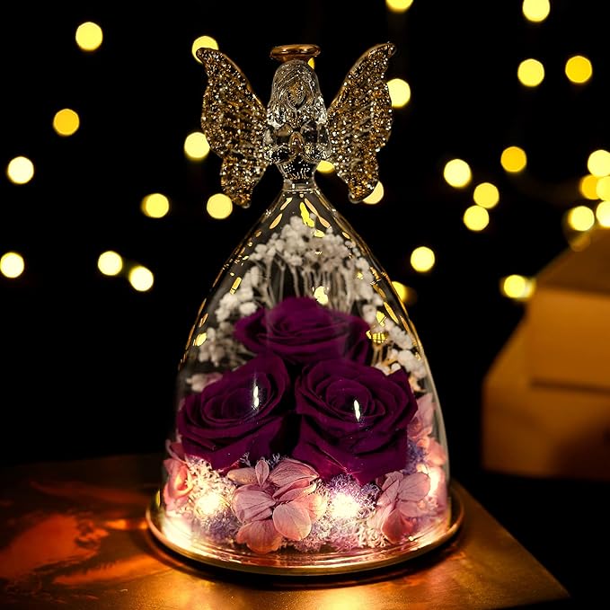 Mothers Day Rose Gifts for Women Preserved Real Flower in Glass Angel Figurines Roses for Delivery Prime Birthday Gifts for Mom Grandma Girlfriend Wife Her - Purple