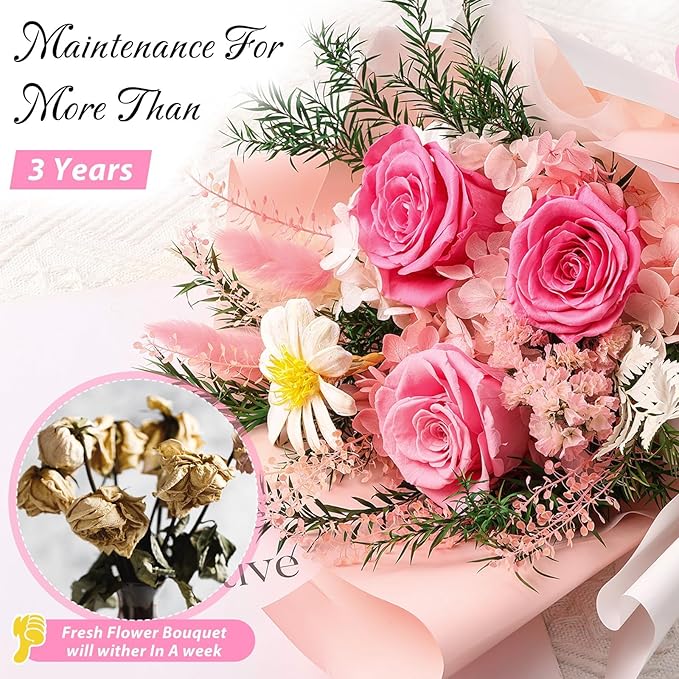 Flowers for Delivery Prime, Mothers Day Gifts for Mom,Preserved Flowers Bouquets, Pink Rose Birthday Gift for Women Wife Girlfriend Grandma, Real Forever Flower for Valentines Day Anniversary