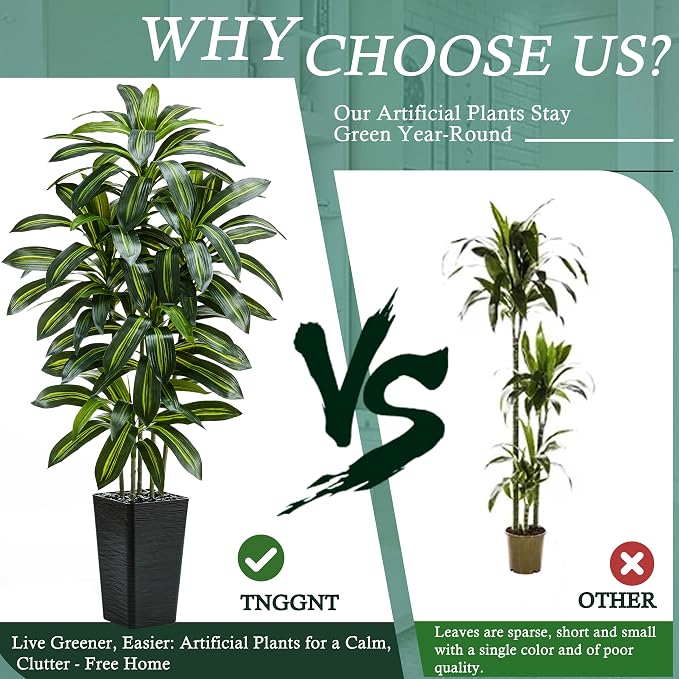 Artificial Dracaena Tree：5FT Faux Silk Tropical Yucca Floor Trees Realistic Fake Green Plant with Natural Wood Trunk & Lifelike Leaves for Home Office Decor Indoor & Outdoor (5FT,1-Pack,Black)