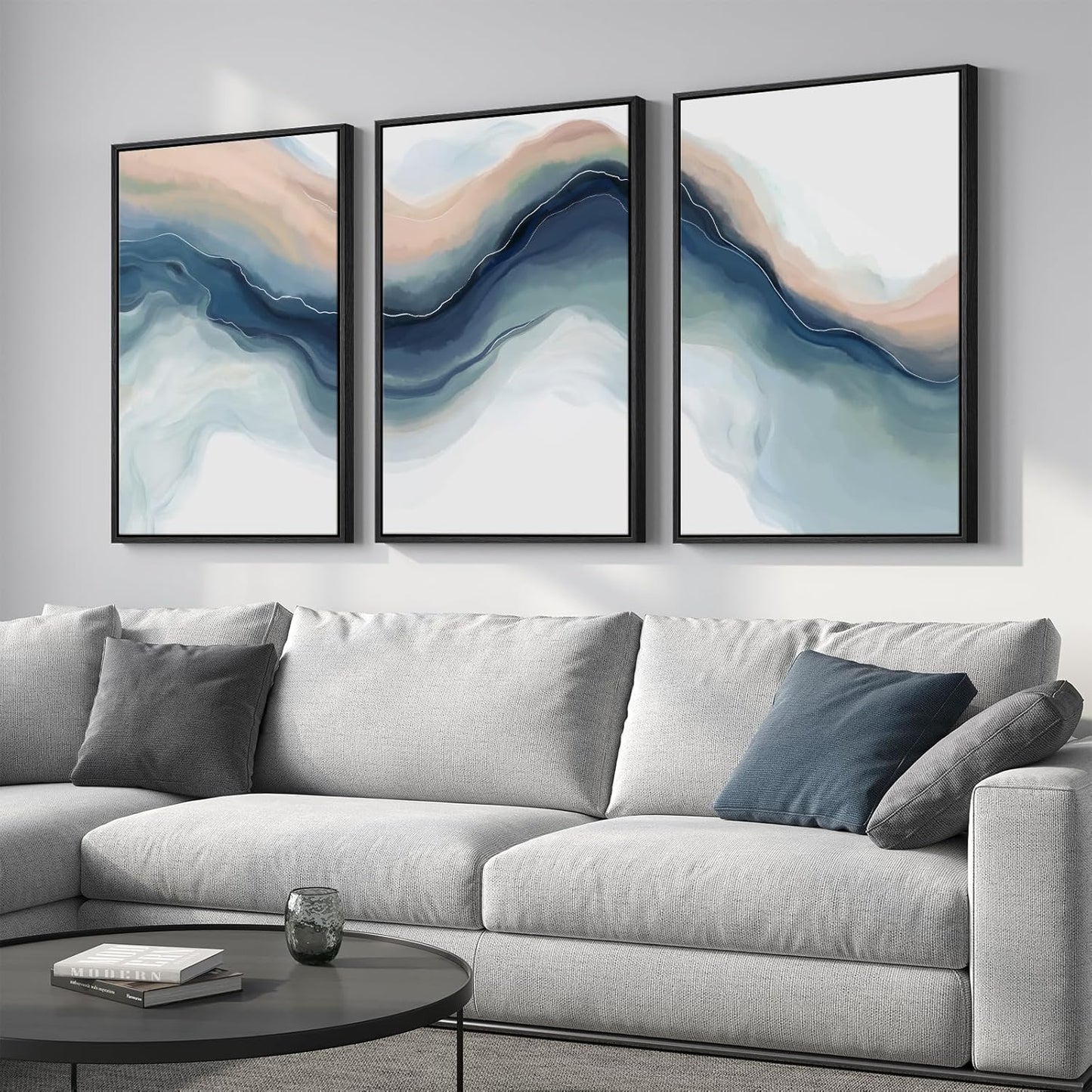 Large Framed Blue Abstract Landscape Wall Art for Living Room, 3 Piece Bright Pastel Canvas Prints Paintings, Modern Minimalist Artwork Watercolor Pictures for Bedroom, Hallway Wall Decor 24x36 In