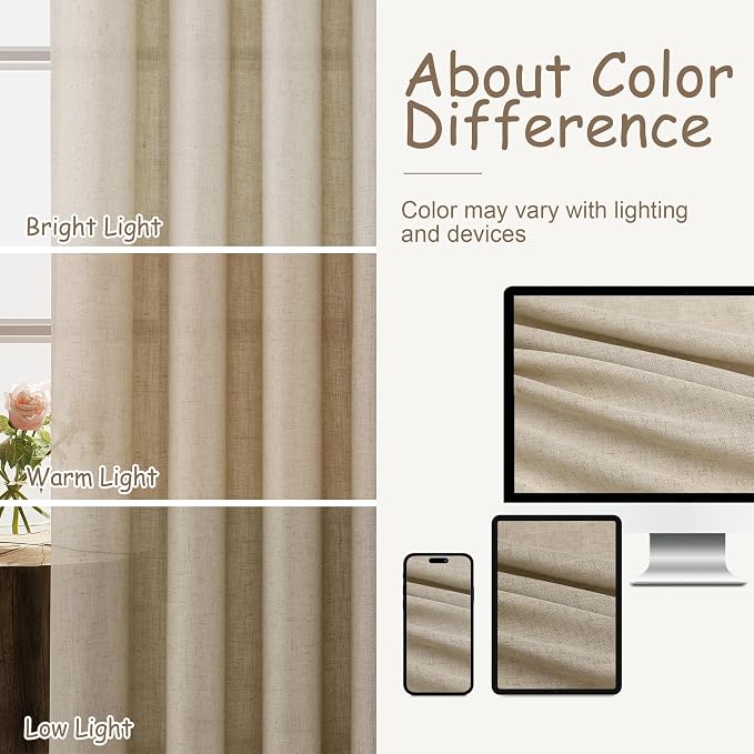 Aersas Taupe Burlywood Linen Grommet Curtains 84 Inches Long 2 Panels Set for Living Room Bedroom Privacy Light Filtering Semi Sheer Farmhouse Boho Window Curtain 84 Inch Length
