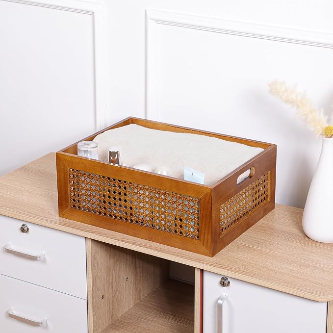 Wooden Storage Basket Handmade Rattan Drawer Storage Box with Frame & Handles Decorative Natural Bamboo Woven Bins Rustic Farmhouse Decor Home Office Tabletop Shelf Organizer 13.8" x 9.8" x 5.5"