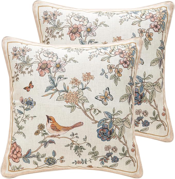 ISAENNE Designer Linen Throw Pillow Cover,Set of 2,18"x18"-Cornucopia A | Elegant French Square Pillow Cover,Concealed Zipper,Floral and Bird Pattern,Sofas,Bedroom,Living Room,Lounge Chairs