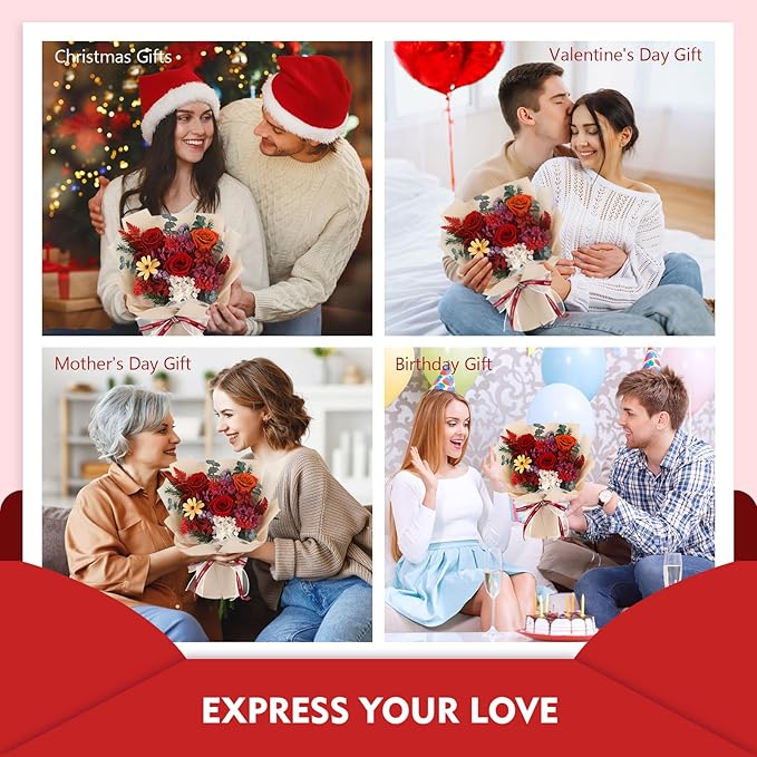 Flowers for Delivery Prime Preserved Flower Bouquet That Last 3-5 Years Real Forever Rose Bouquet for Her Women Wife Grandma Girlfriend Anniversary Birthday Mothers Day Gifts for Mom,Red