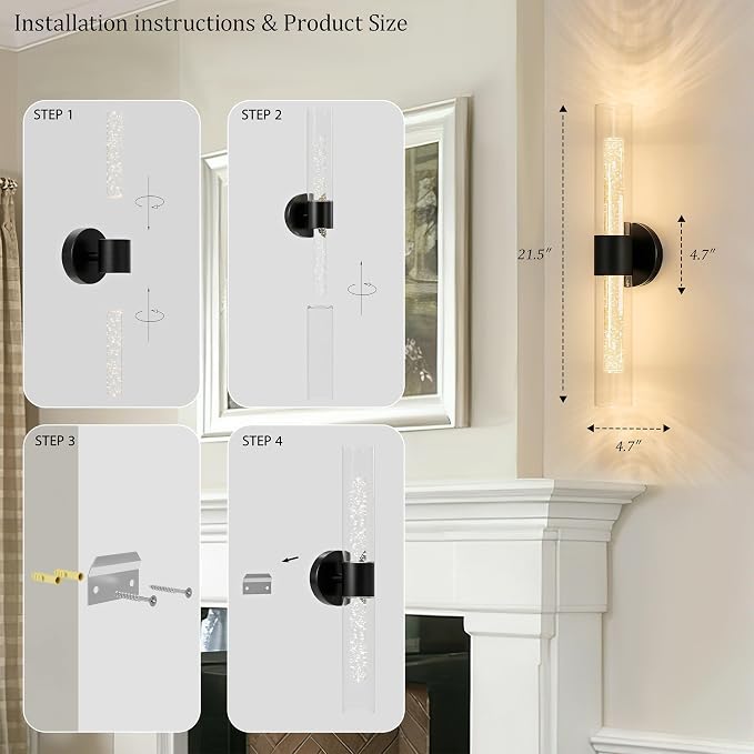 Morauroral Black Battery Operated Wall Sconces Set of 2, Rechargeable Wall Lights with Remote, 22 Inch Modern Cordless Wall Lamp for Bedroom, Living Room with Crystal Post Bulb Glass Shade
