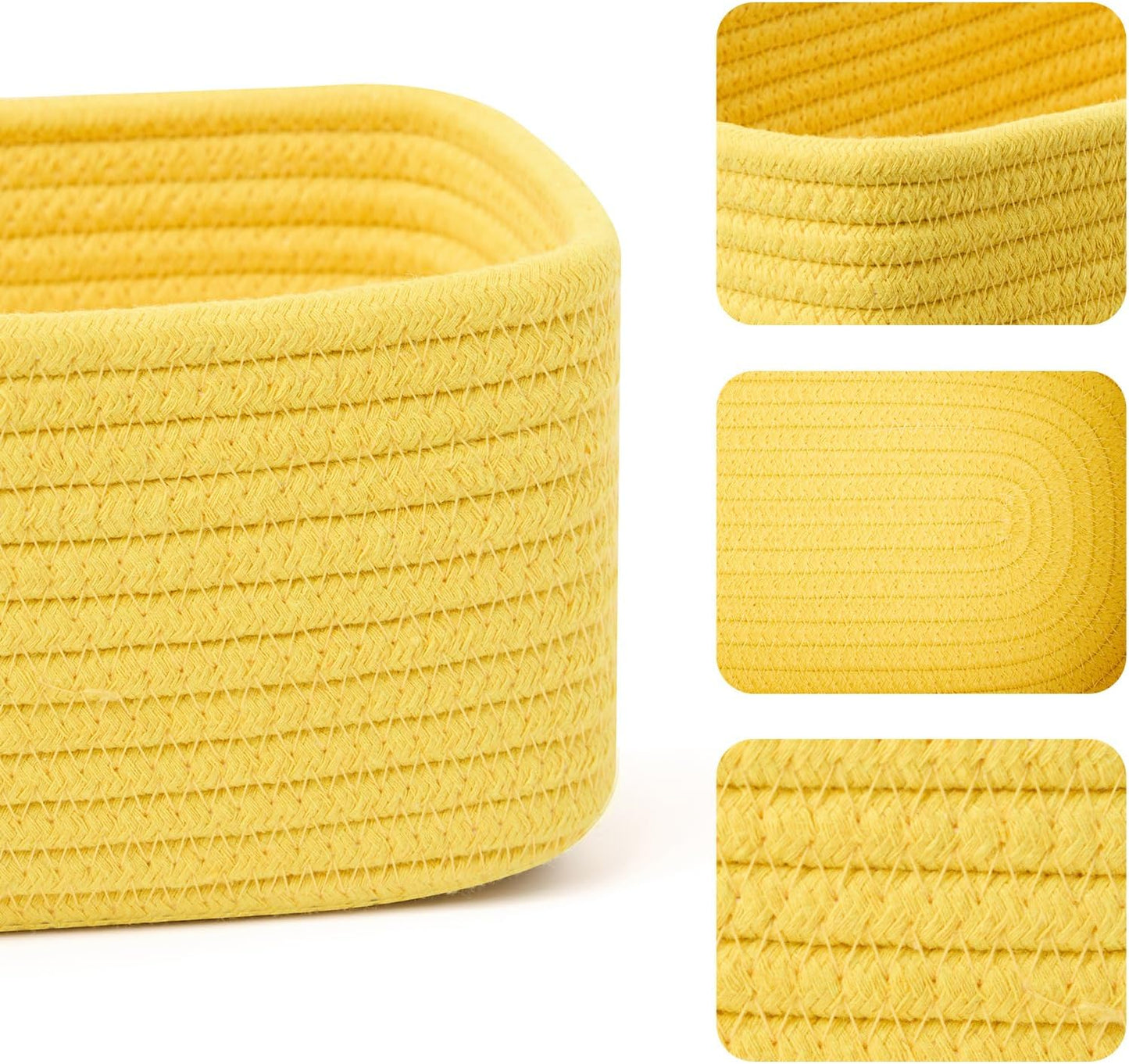 Small Storage Baskets for Organizing | Closet Organizer Bins | Shelf Toy Basket | Woven Rope Baskets | Cube Decorative Box | Shallow Basket | 11.5x7.5x4.7” | 3 Packs Yellow