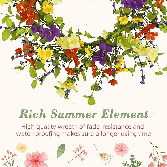 YNYLCHMX 18" Spring Summer Wreaths for Front Door, Artificial Floral Wreath with Colorful Wild Flowers Dicotyledons Berries, Green Foliage Wreath for Wall Window Farmhouse Party Holiday Home Decor