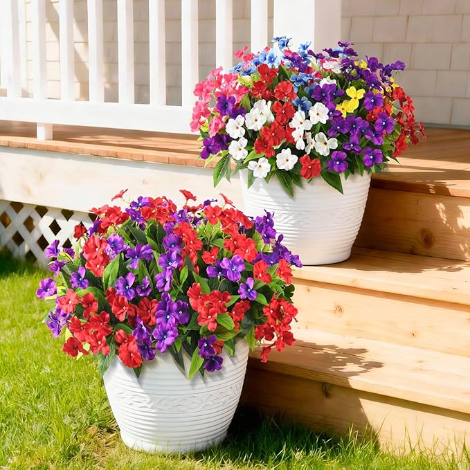 Artificial Impatiens Flowers for Outdoors, 6 Bundles Silk Fake Flowers for Spring Summer Decoration, UV Resistant Faux Plants Plastic Bouquet for Home Planter Porch Patio Yard Decor(Red Purple)