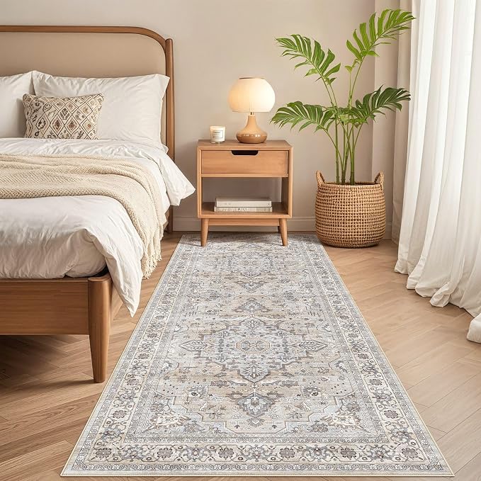 Runner Rug Kitchen Washable Rugs: 2x6 Non-Slip Boho Soft Vintage Stain Resistant Indoor Floor Neutral Farmhouse Throw Carpet for Hallway Bathroom Laundry Room Entryway Bedroom- Ivory Gray