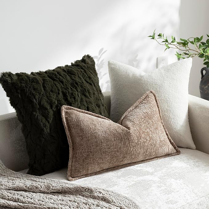 DEZENE Pack of 2 Khaki Decorative Throw Pillow Covers 12x20 Cozy Soft Chenille Accent Vintage Rectangular Lumbar Couch Pillow Covers for Home Decor Bed Sofa Living Room