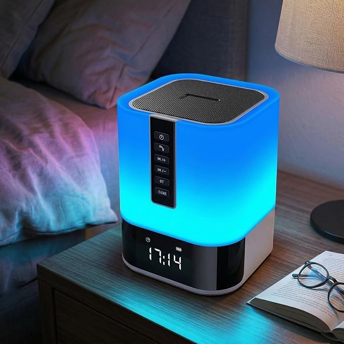 Hetyre Night Light Bluetooth Speaker, 5 in 1 Touch Control Bedside Lamp Dimmable Multi-Color Changing, Bedroom Alarm Clock, Best Birthday Gift Ideas for 10 11 12 13 14 Year Old Teenage Girls/Boys