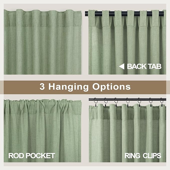 Sage Green Curtains 38 Inch Width for Kitchen Doors 2 Panels Back Tab Rod Pocket Linen Cafe Tier Light Filtering Short Sheer Light Green Curtains for Bathroom Laundry Farmhouse Decor Wide 38x45 Length